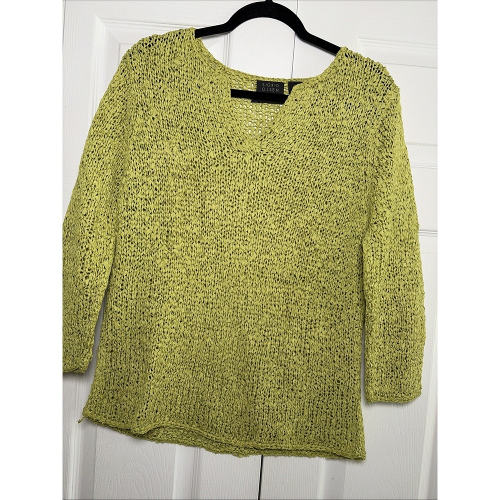 Sigrid Olsen‎ Hand Knitted Silk Sweater Womens Size M Green V-Neck Ribbon Knit